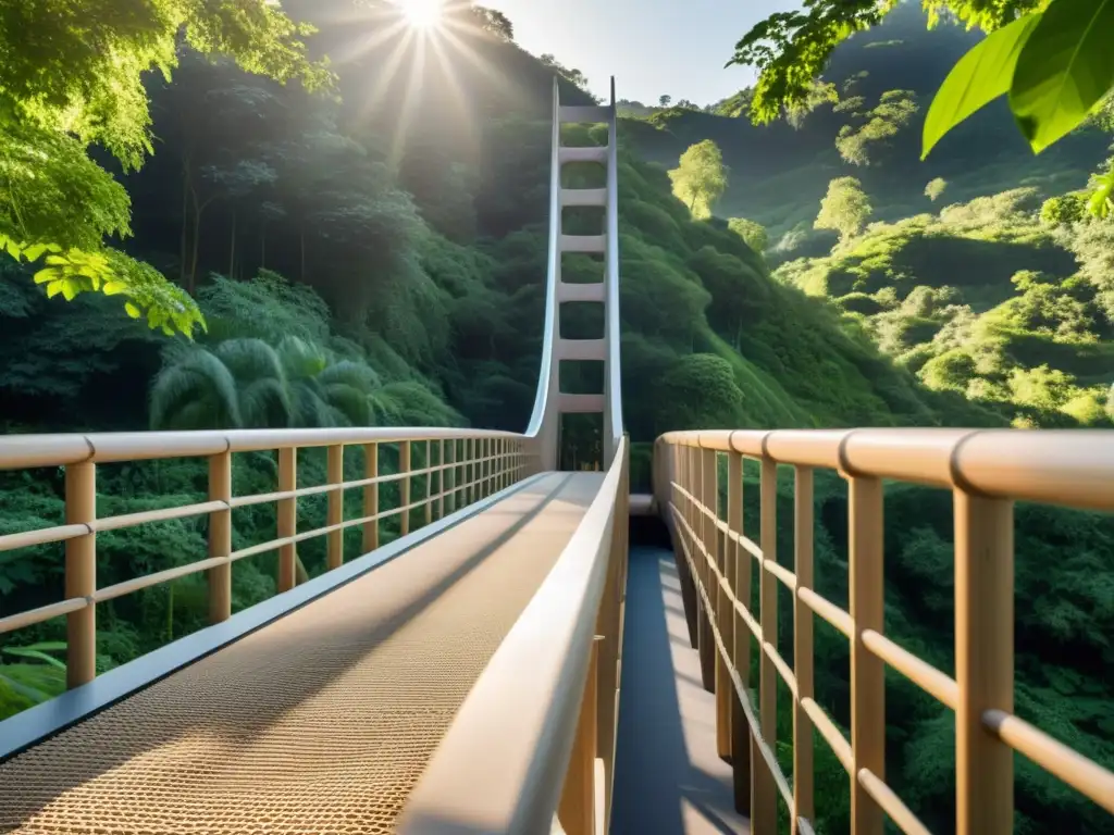 Un puente con materiales biodegradables, tejido con detalle y rodeado de exuberante vegetación bajo la cálido resplandor del sol