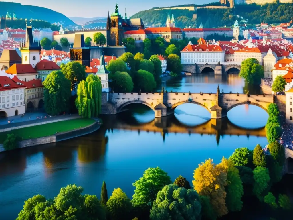 Puente medieval de Charles en Praga, República Checa, bañado por la luz matutina, con sus torres góticas, el río Vltava y detalles impresionantes