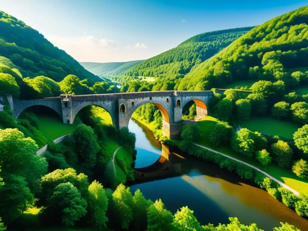 Puente medieval impresionante en Alemania, con arcos de piedra y detalles tallados, rodeado de vegetación y un río sereno