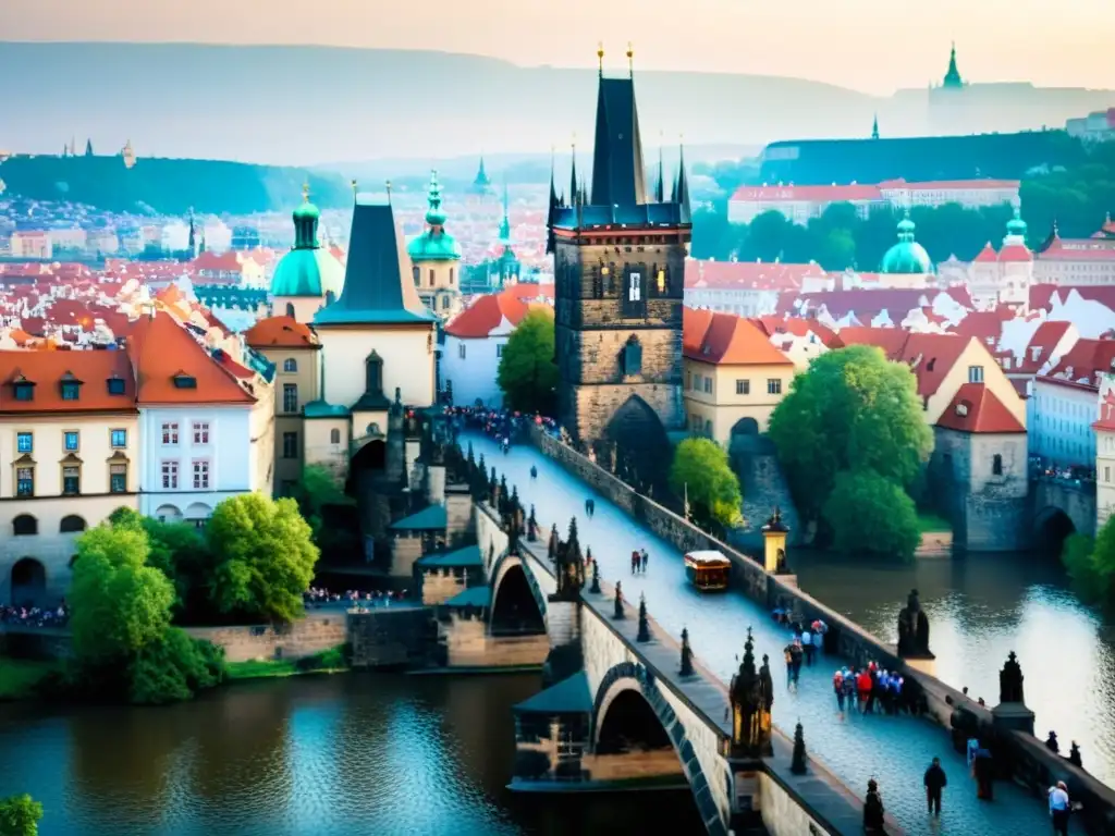 Puente medieval impresionante en Praga, República Checa, con arcos de piedra, estatuas y el río Vltava