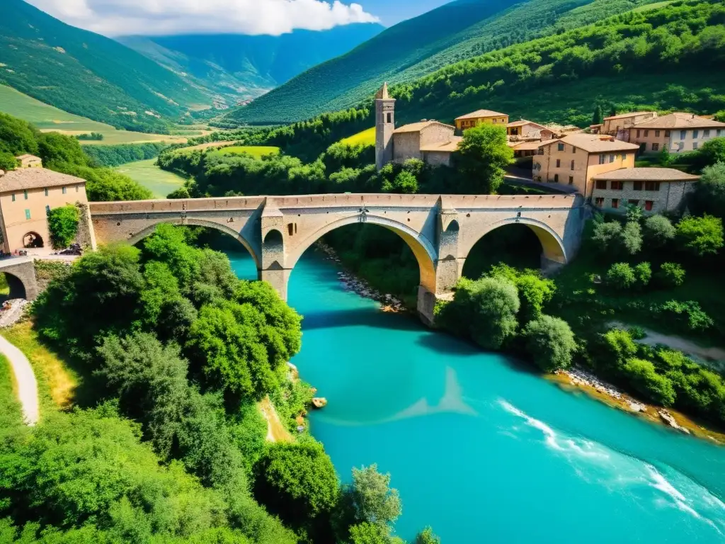 Un puente medieval impresionante: Ponte della Maddalena sobre el río Serchio en Toscana, Italia, rodeado de exuberante vegetación y aguas turquesas