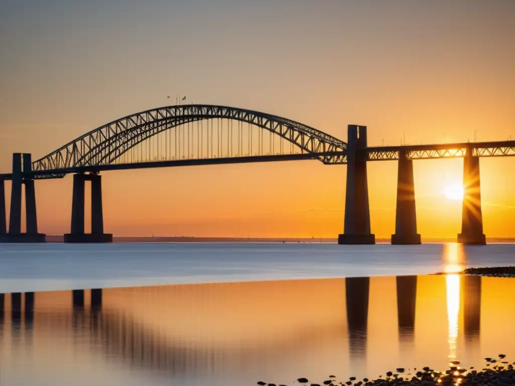 Puente de Oresund en armonía con el medio ambiente: atardecer dorado sobre el agua, reflejando su intrincada arquitectura