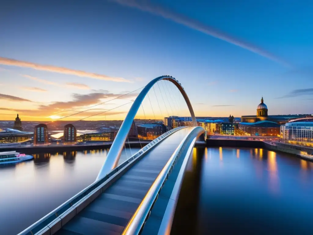 Puente Gateshead Millennium Innovador brillando en el atardecer sobre el río Tyne en Newcastle, con su mecanismo de inclinación en acción