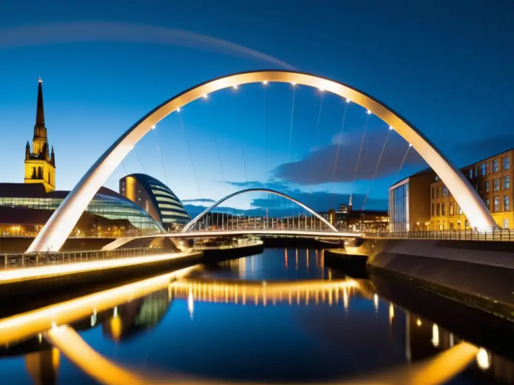 El Puente Gateshead Millennium Innovador iluminado de noche, reflejándose en el río Tyne, crea una escena urbana moderna y cautivadora