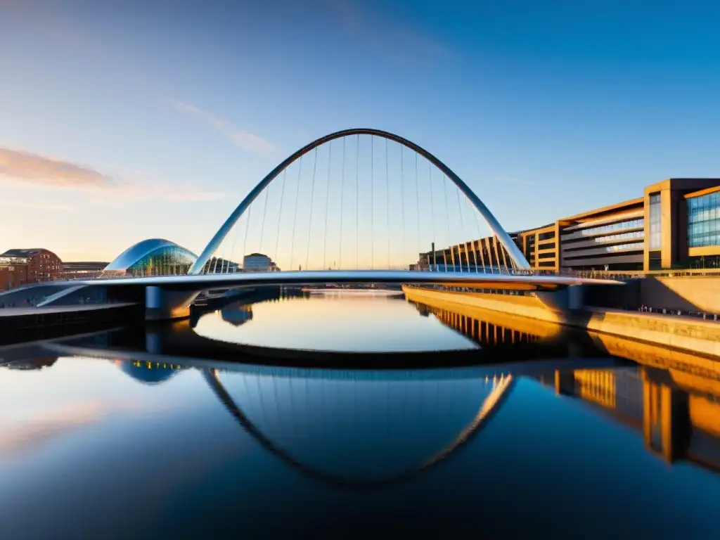 El Puente Gateshead Millennium Innovador brilla bajo el sol poniente, reflejando su diseño futurista en las tranquilas aguas