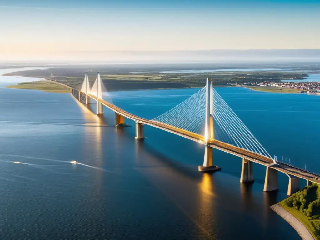 Innovación en el Puente Øresund: modernidad y naturaleza se funden en un atardecer dorado, resaltando su ingeniería