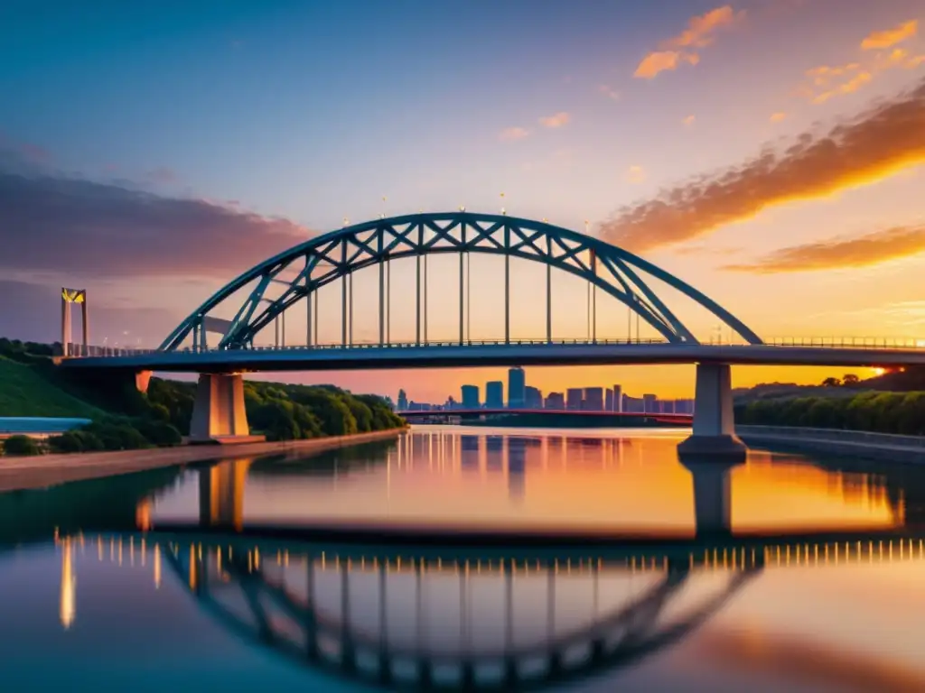 Un puente moderno con análisis predictivo, reflejando el atardecer en sus estructuras de acero y vidrio