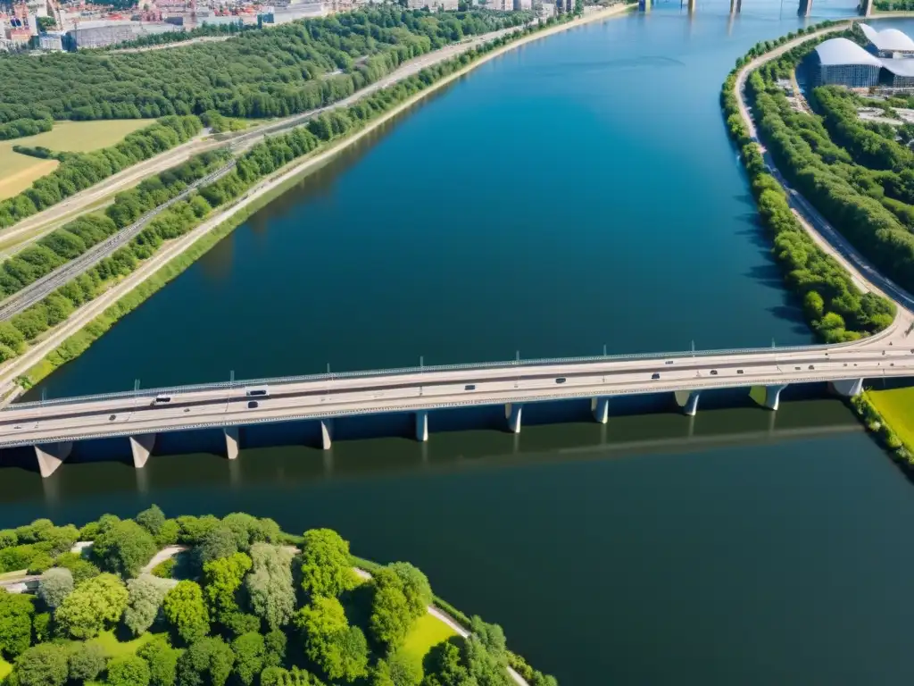 Un puente moderno de diseño asistido, con reflejos de luz sobre el metal y una integración perfecta en el paisaje