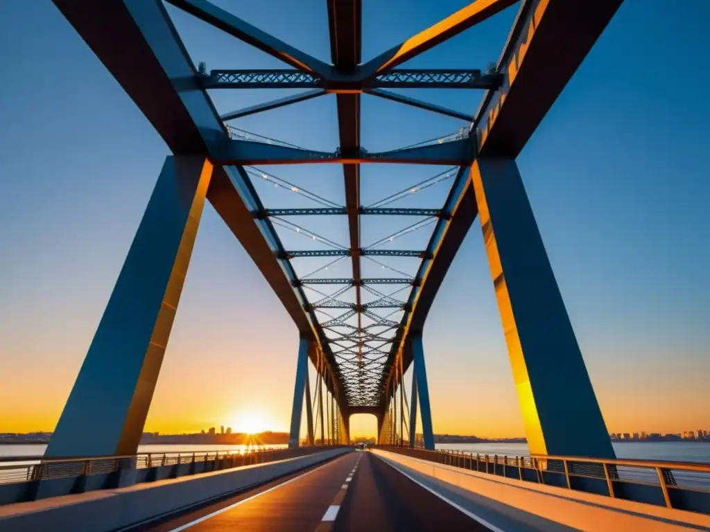 Fotografía de un puente moderno capturada desde abajo, mostrando su diseño geométrico contra un vibrante atardecer