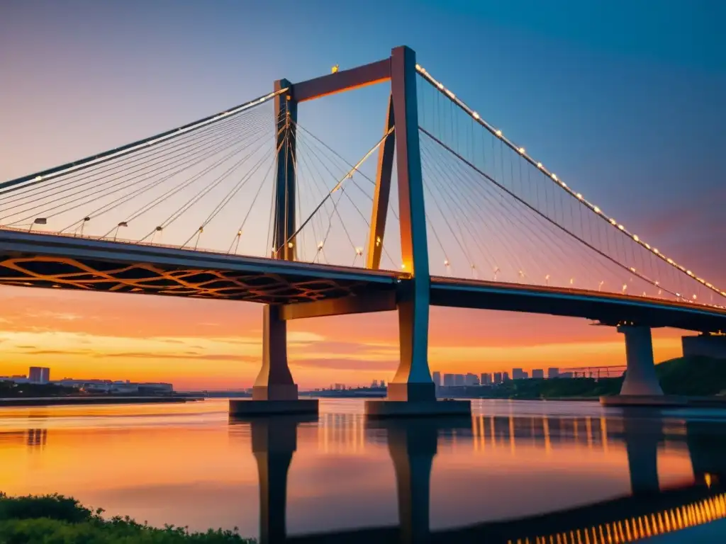 Un puente moderno capturado desde un ángulo bajo, destacando su diseño geométrico contra un vibrante atardecer