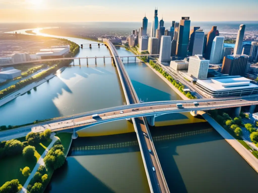 Un puente moderno conectando la ciudad, reflejando el impacto cultural de la arquitectura y la sociedad urbana