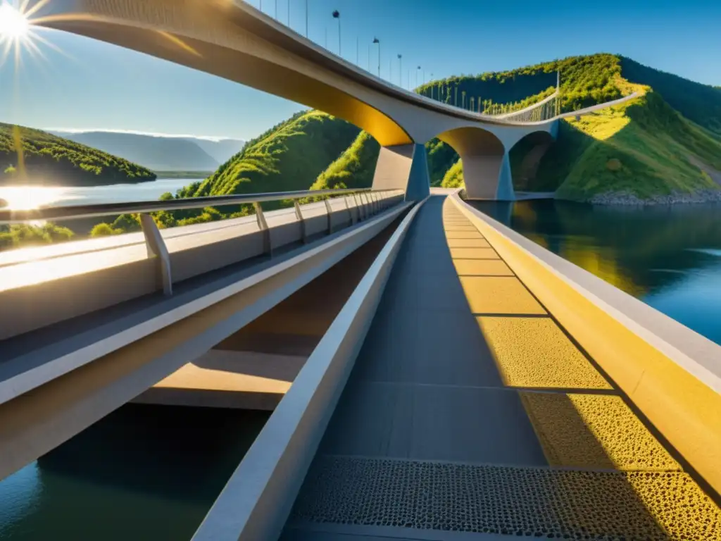 Puente moderno de hormigón reforzado con fibra de basalto sobre río Un puente moderno de concreto reforzado con fibras de basalto muestra su resistencia a contraluz, evocando innovación y fiabilidad