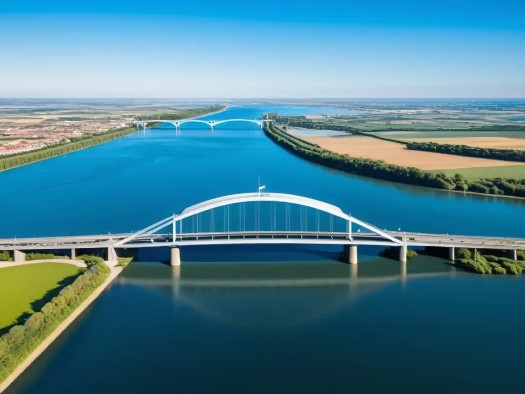 Un puente moderno en armonía con la dinámica de fluidos en puentes, sobre un río tranquilo y cielo azul vibrante