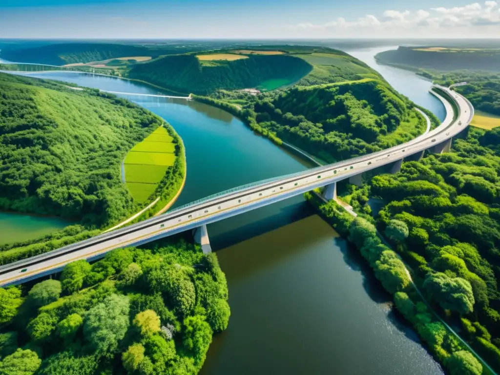 Un puente moderno con diseño ecológico y materiales sostenibles, integra la naturaleza en su estructura