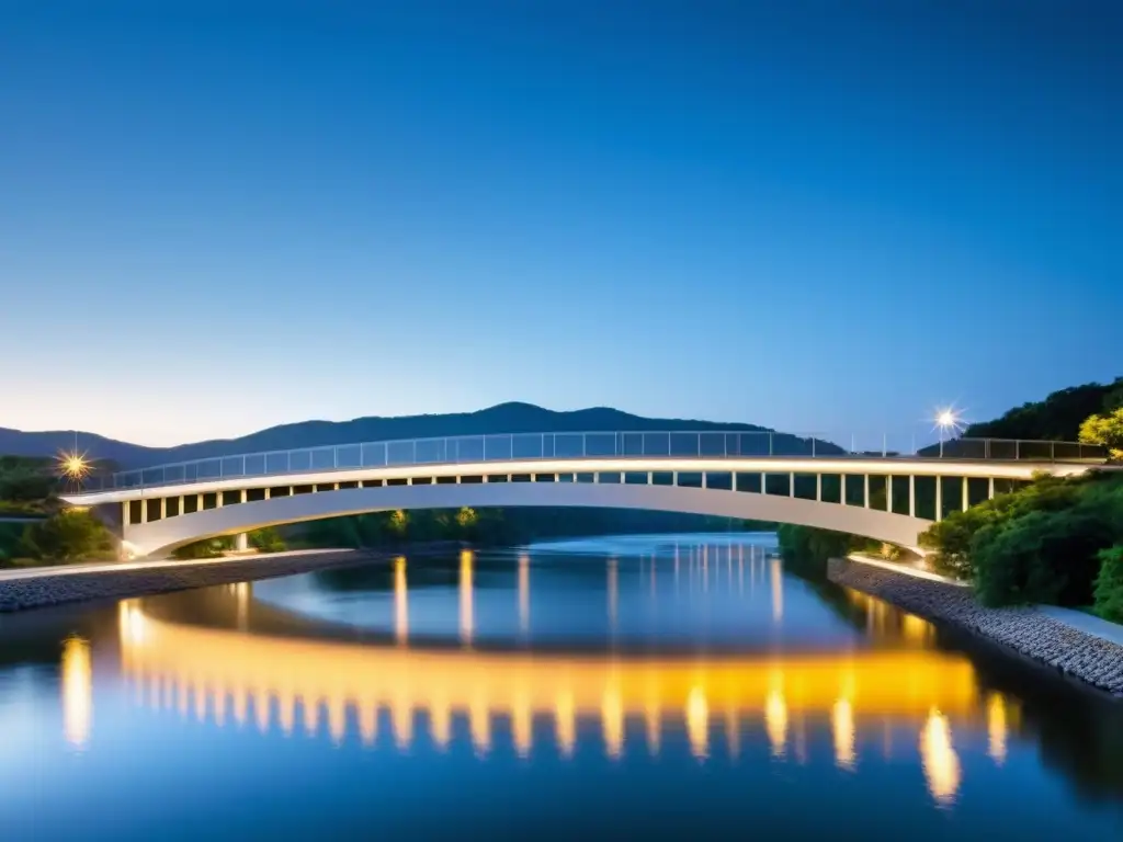 Un puente moderno con diseño eficiente, iluminado por la suave luz de la tarde, reflejando su elegante estructura en el agua