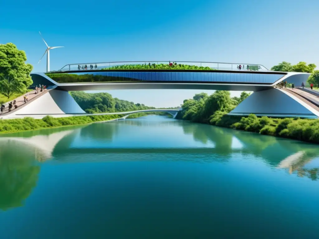 Un puente moderno con diseño sostenible, paneles solares, ciclistas y vegetación, reflejando armonía entre ingeniería y naturaleza