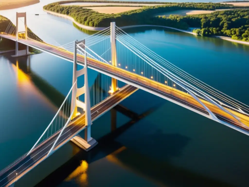 Un puente moderno y elegante cumple con normativas internacionales de diseño y seguridad, reflejando el sol en el río