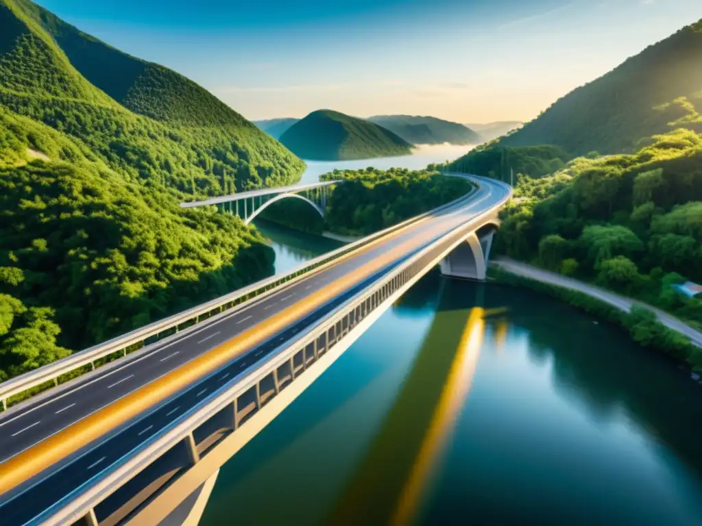 Un puente moderno y elegante cruza un río cristalino, rodeado de exuberante vegetación