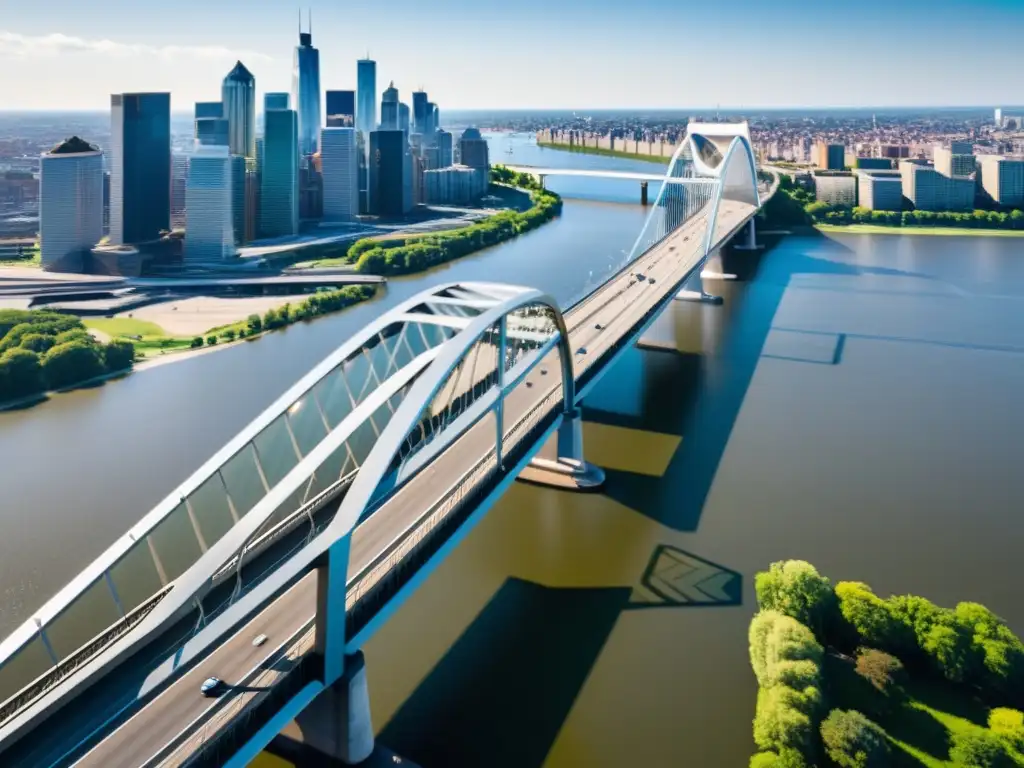 Un puente moderno y elegante sobre un río, con el horizonte urbano al fondo