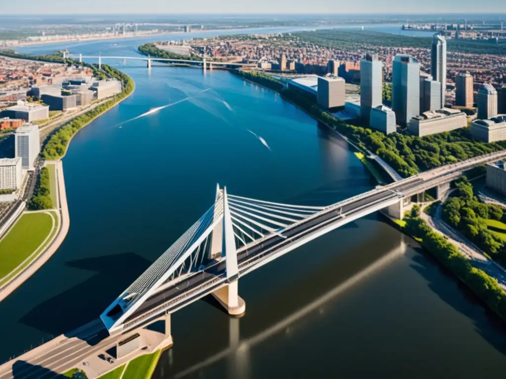 Un puente moderno y elegante sobre un río, con la ciudad de fondo