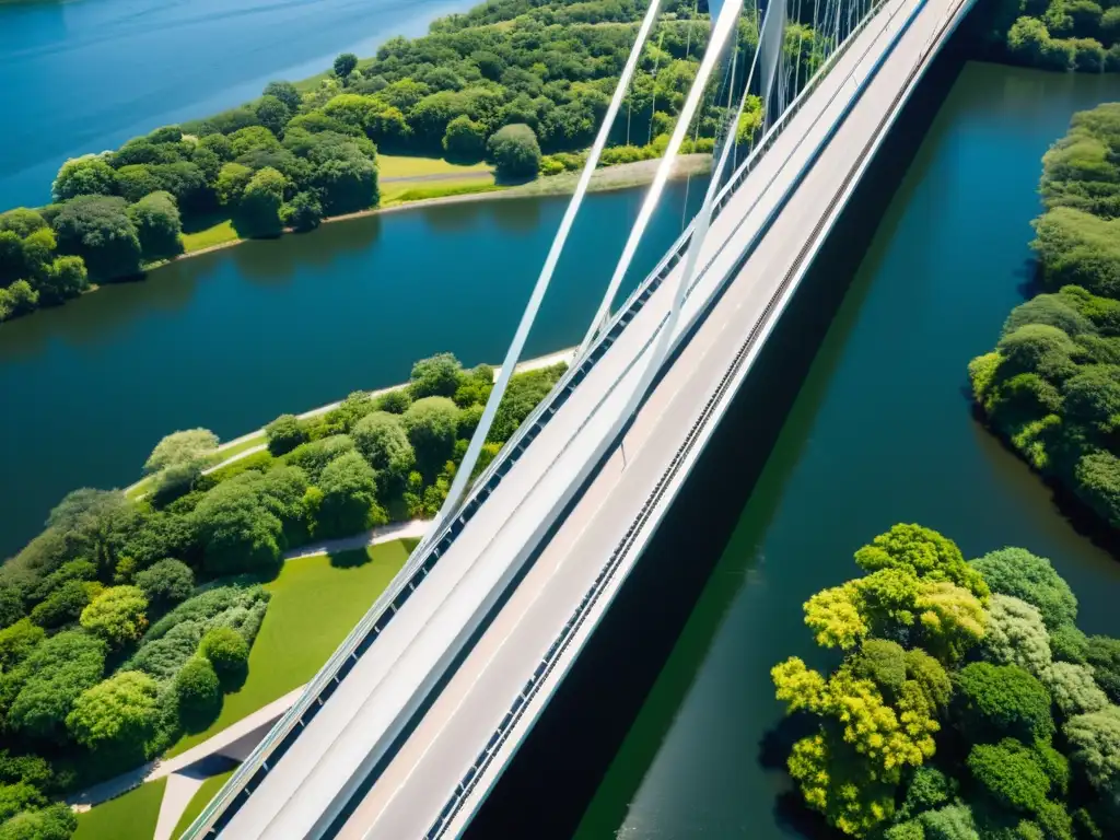 Un puente moderno y elegante cruza un río, con líneas fluidas de acero y concreto