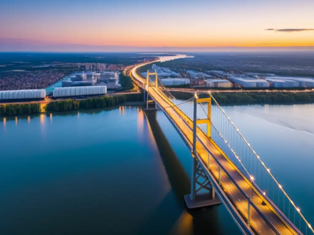 Un puente moderno y elegante cruza un río ancho al atardecer, resaltando la estética aplicada en ingeniería de puentes