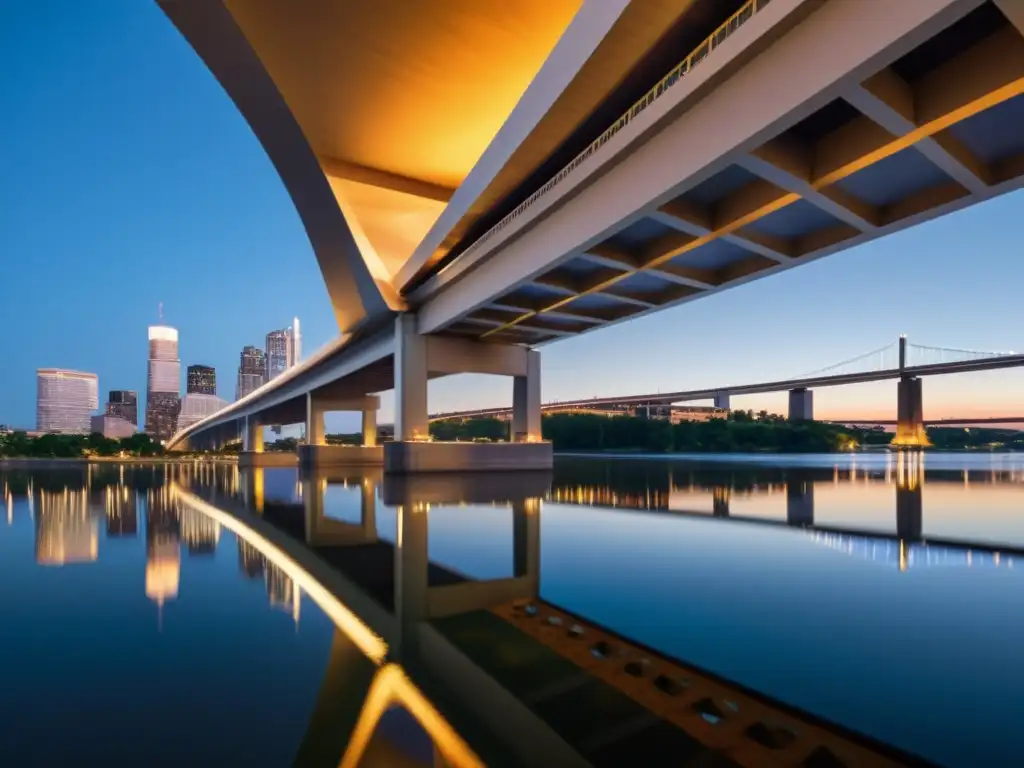 Un puente moderno y elegante se refleja en el río al atardecer, destacando la influencia de los puentes en el arte