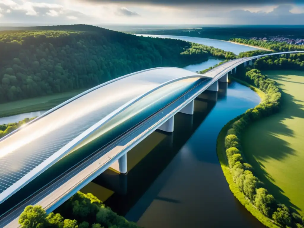 Un puente moderno y elegante se alza sobre un río envuelto en niebla, iluminado por el sol