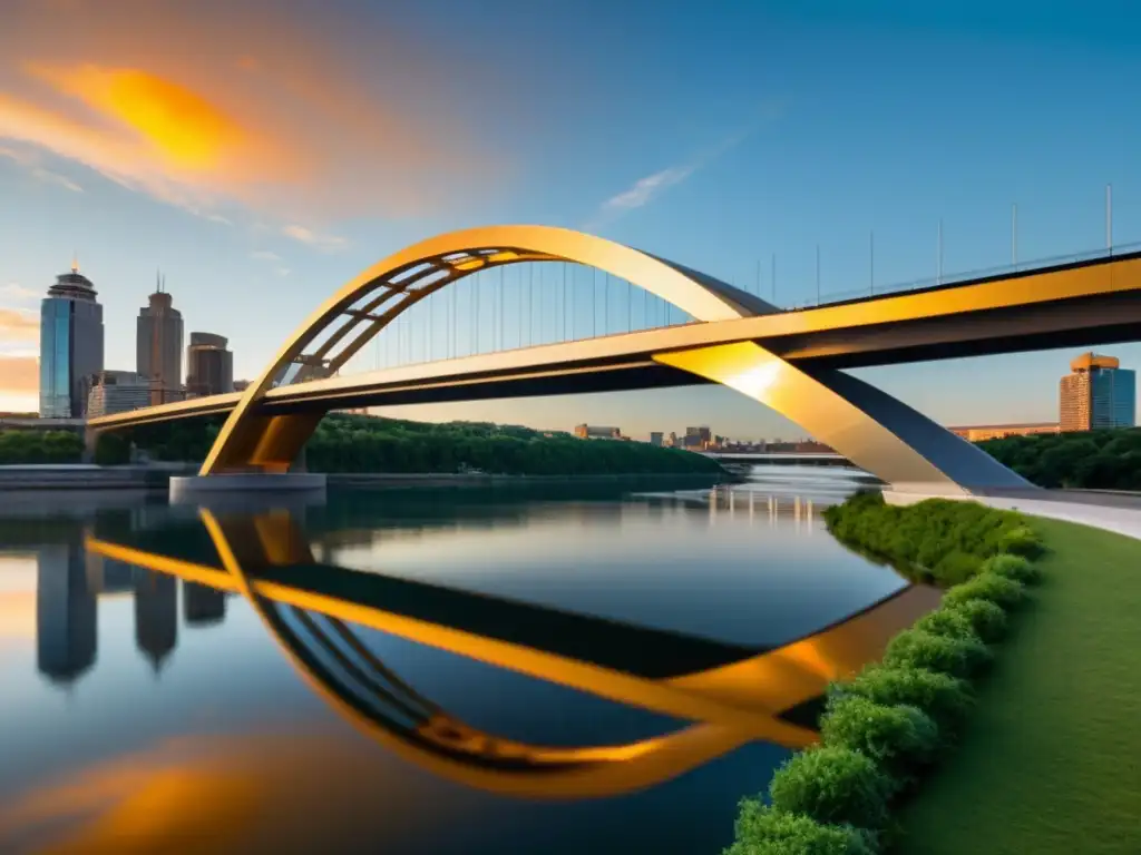 Un puente moderno y elegante se alza sobre el río al atardecer, iluminando la ciudad con un cálido resplandor dorado