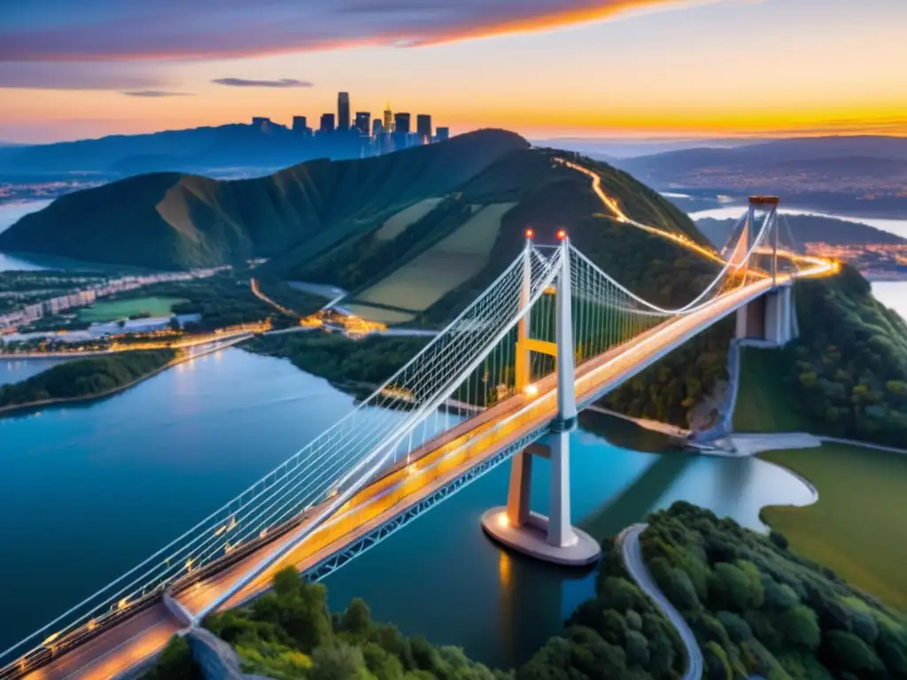 Un puente moderno y elegante se destaca contra un vibrante atardecer dorado