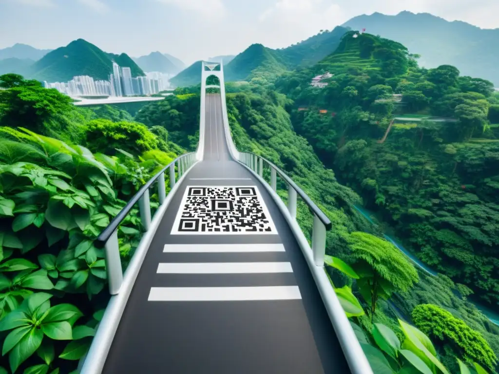 Un puente moderno con un gran código QR integrado en su arquitectura