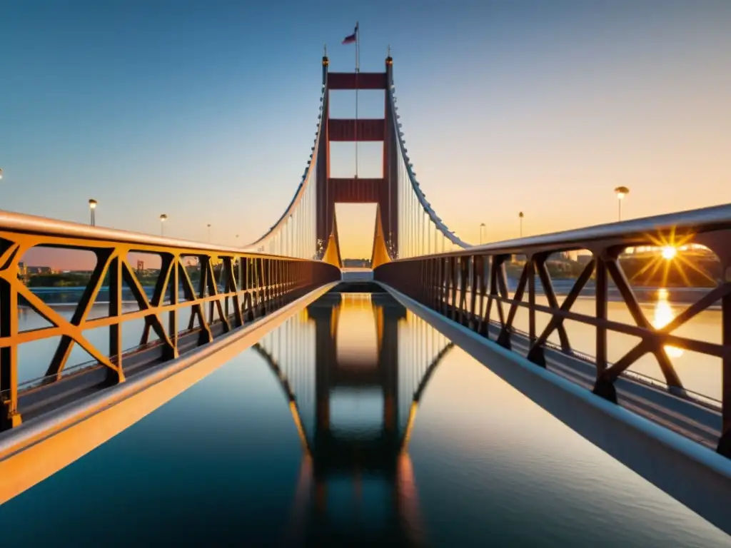 Un puente moderno iluminado por el cálido atardecer sobre un río tranquilo