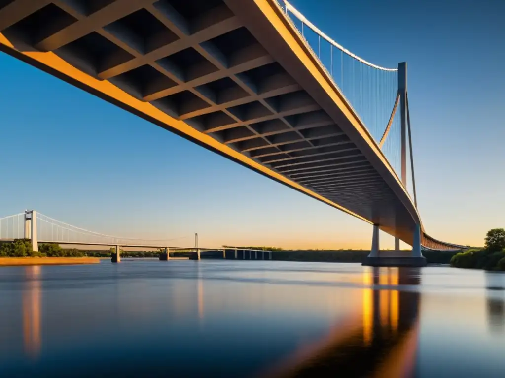 Un puente moderno iluminado por el cálido atardecer, reflejando fuerza e innovación