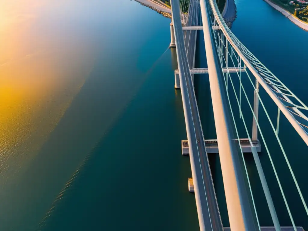 Un puente moderno iluminado por el cálido atardecer, destacando su diseño y seguridad conforme a normativas internacionales