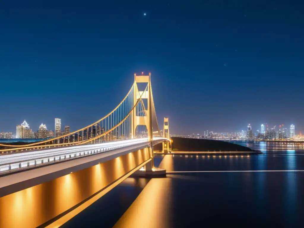 Un puente moderno iluminado contra el cielo nocturno, destacando el diseño sostenible