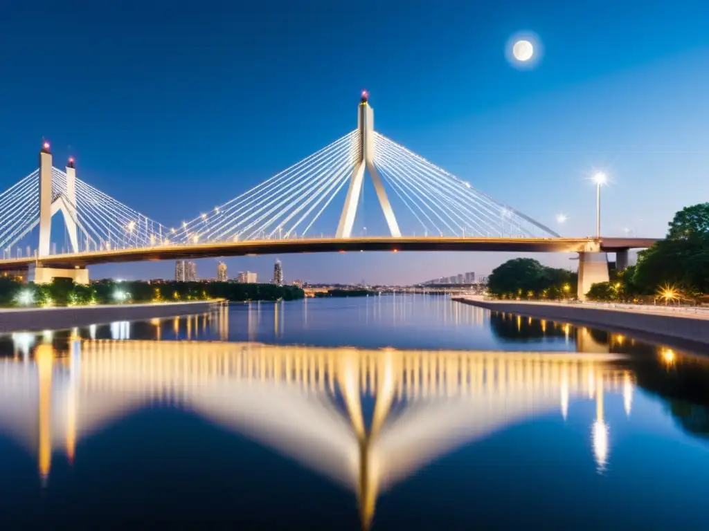 Un puente moderno iluminado por la ciudad y la luna sobre un río, reflejando tranquilidad y avanzada ingeniería