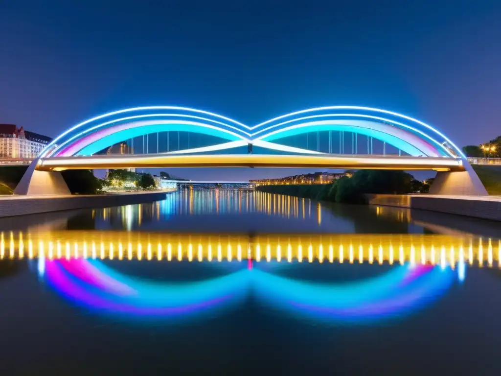 Un puente moderno iluminado por luces LED vibrantes, reflejándose en el agua