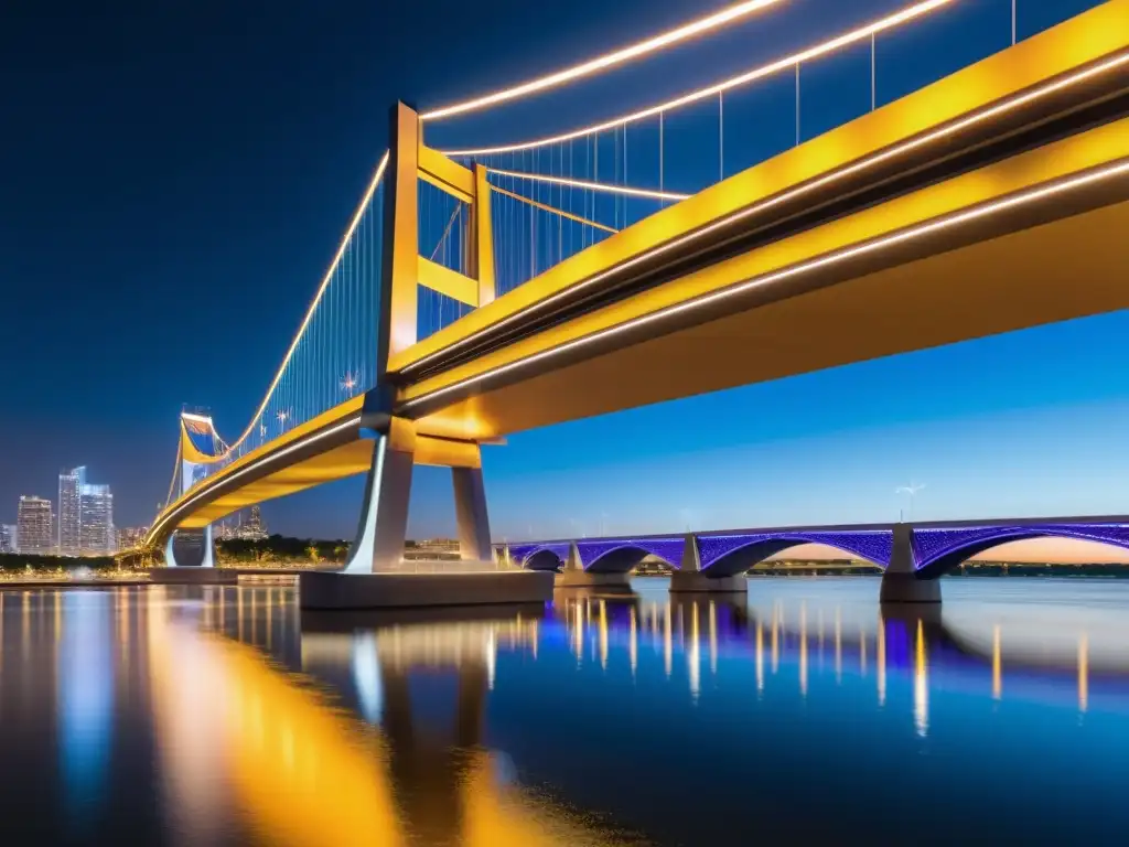 Un puente moderno iluminado con tecnologías de iluminación de vanguardia, destacando su diseño innovador y elegancia urbana sobre el río de noche