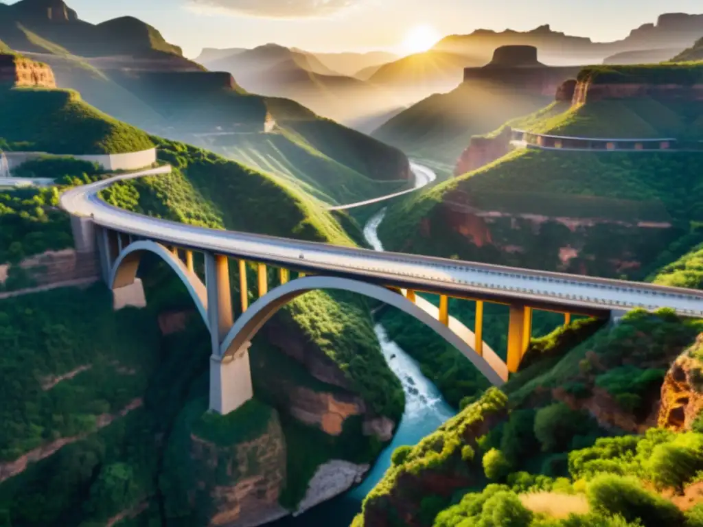 Un puente moderno de impacto cultural cruza un cañón, bañado por la cálida luz del atardecer, entre exuberante vegetación