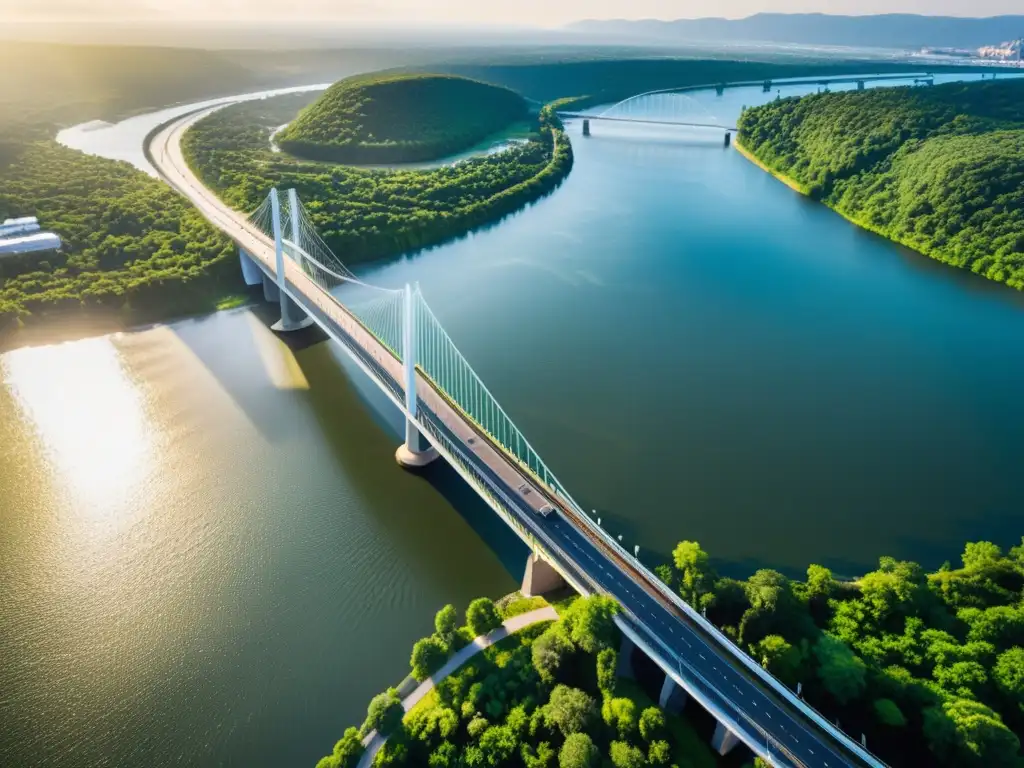 Un puente moderno impresionante cruza un río rodeado de vegetación, bañado por la luz del atardecer