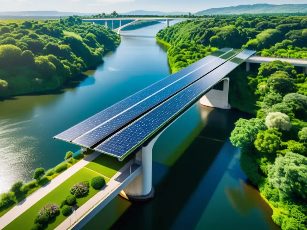 Un puente moderno con integración de paneles solares, resalta su diseño elegante y eficiencia energética