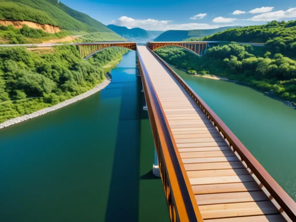 Un puente moderno de madera modificada en construcción, fusionando naturalidad y tecnología en armonía con el entorno natural