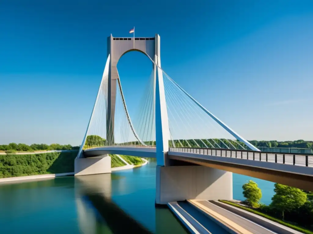 Un puente moderno de materiales híbridos en contraste con el entorno urbano o natural, resaltando su innovación y estructura