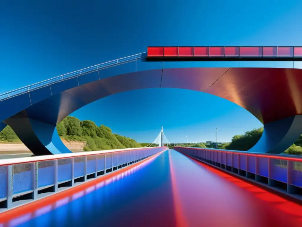 Un puente moderno con materiales termocrómicos muestra transición de azul a rojo, integrando tecnología y diseño en la arquitectura urbana