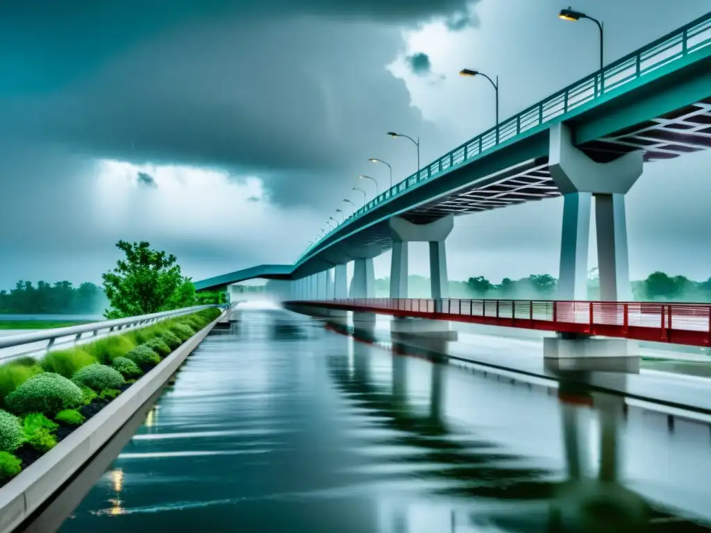 Un puente moderno en medio de una tormenta intensa, integrando soluciones creativas gestión aguas pluviales en su diseño innovador