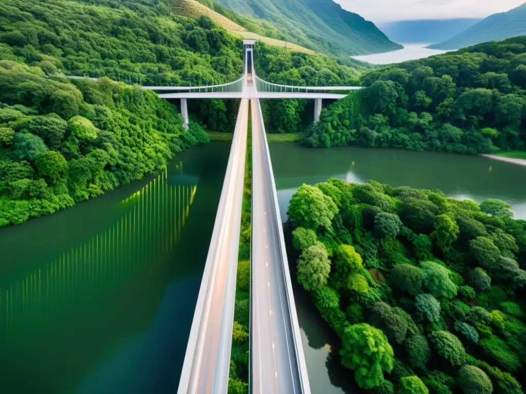 Un puente moderno se integra armoniosamente en un paisaje exuberante, evocando desarrollo sostenible y la belleza de la naturaleza protegida