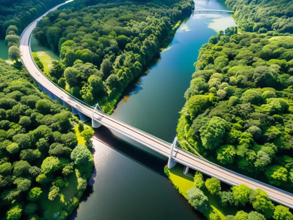 Un puente moderno se integra armoniosamente en un paisaje protegido, mostrando el desarrollo sostenible en equilibrio con la naturaleza