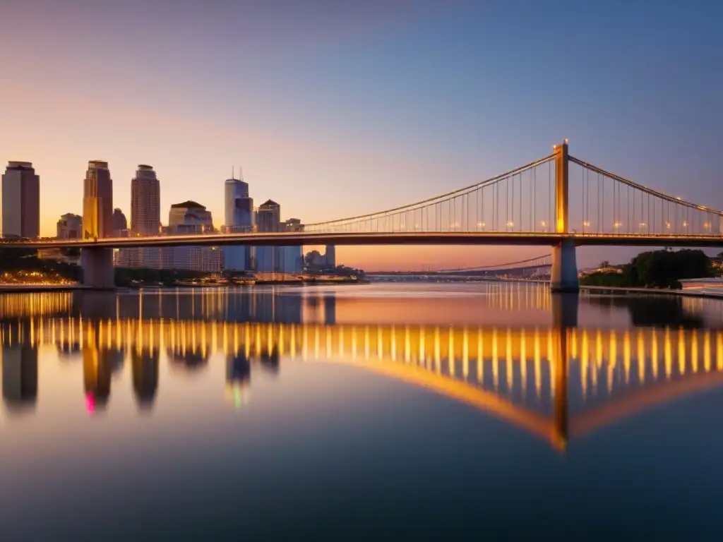 Un puente moderno resplandece en la penumbra, con luces cálidas que se reflejan en el agua