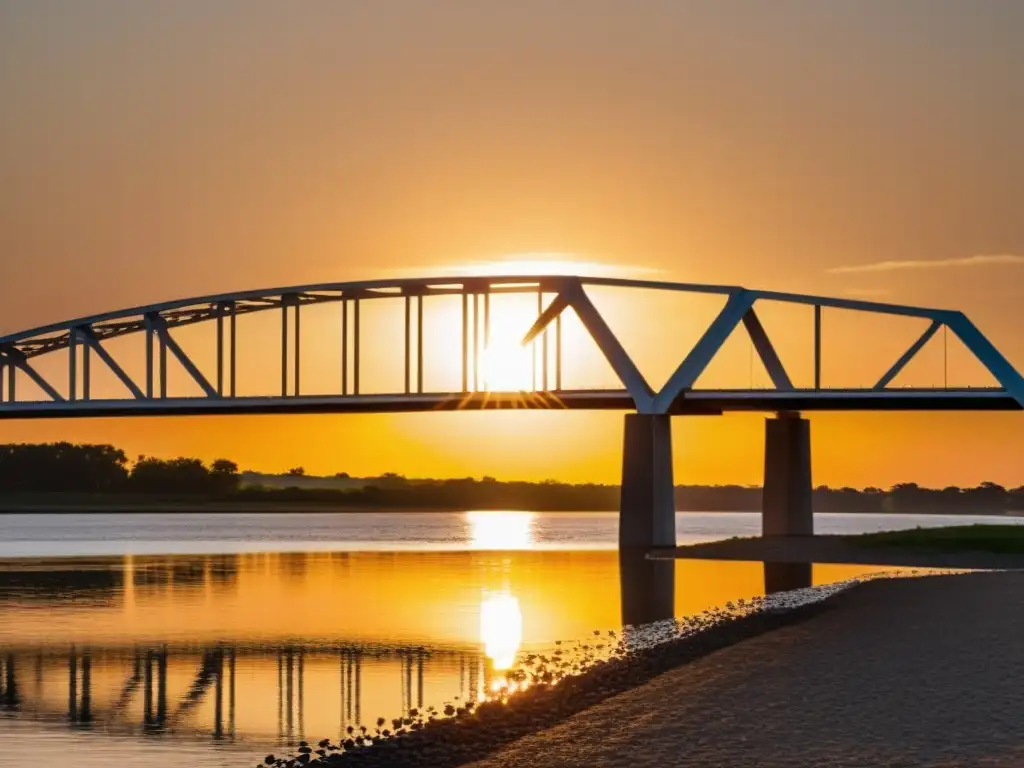 Un puente moderno de plásticos reforzados cruza un río al atardecer, irradiando innovación y fuerza