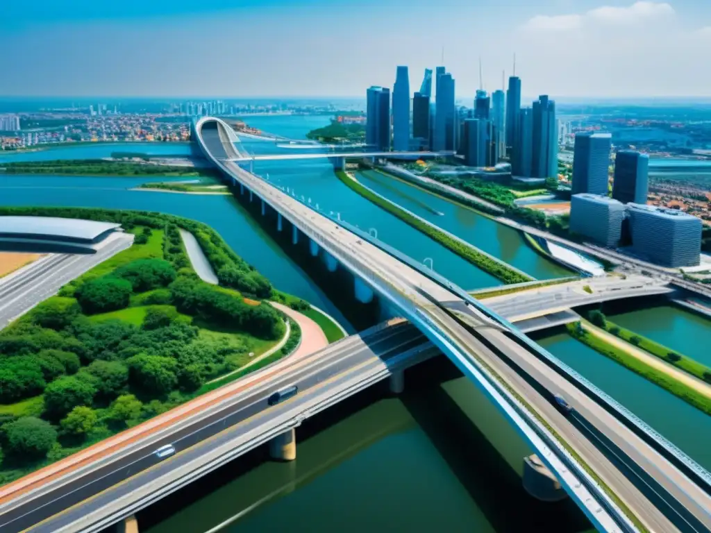 Puente moderno y resistente en la ciudad inteligente, simbolizando la fortaleza y adaptabilidad de la infraestructura ante desafíos climáticos